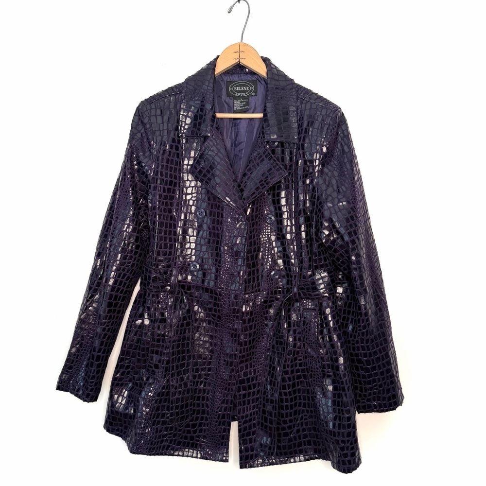 Selene Sport Vintage Purple Croc Embossed Double Breasted Belted Coat Size Small